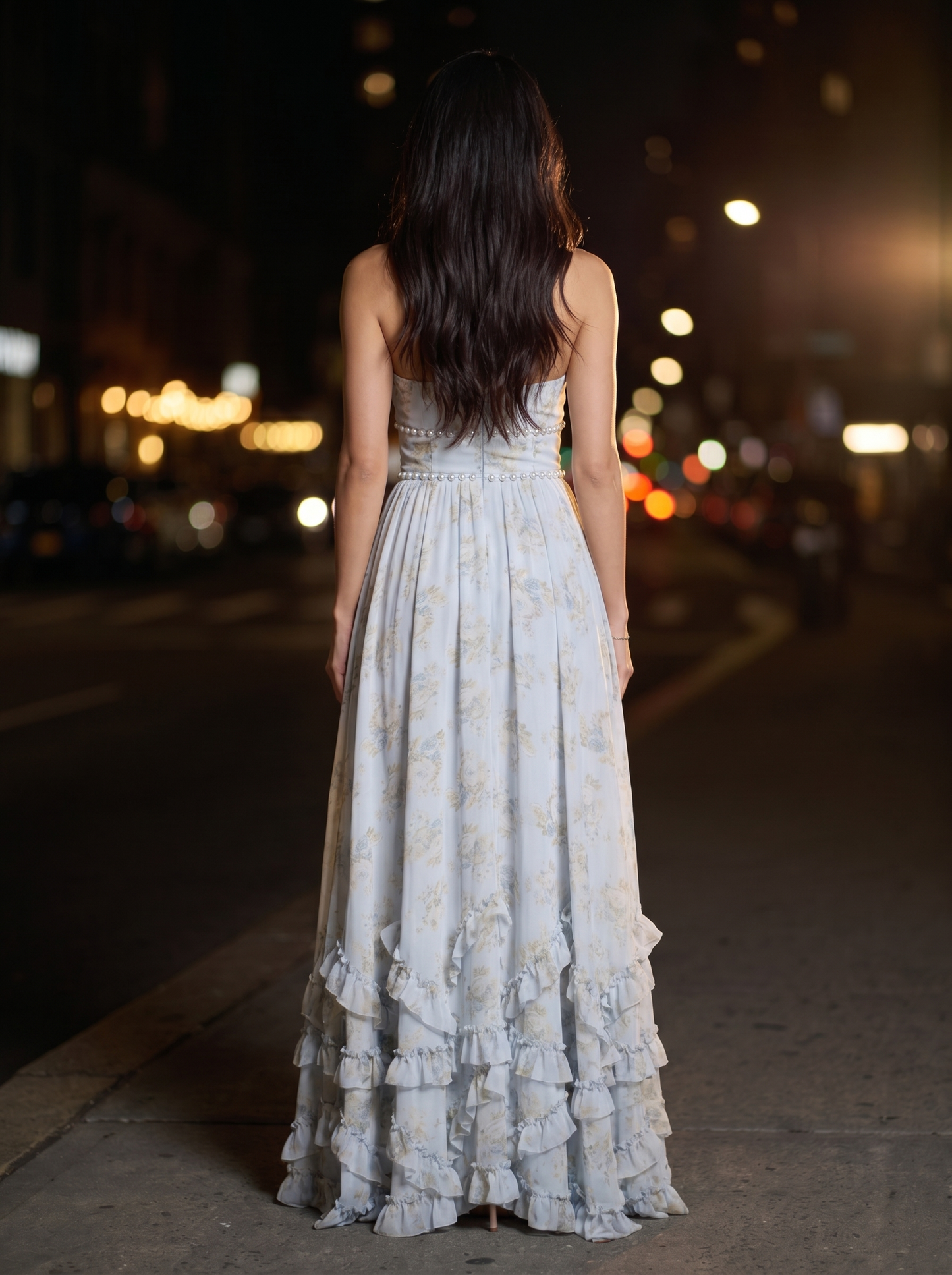 Blue Floral Halter Slit Maxi Dress - Blue, back