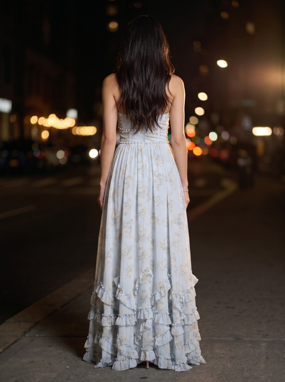 Blue Floral Halter Slit Maxi Dress - Blue, back