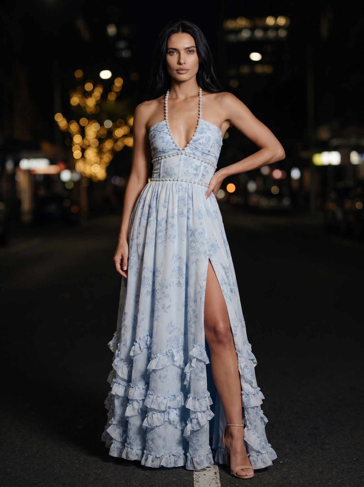 Blue Floral Halter Slit Maxi Dress - Sky Whisper, front