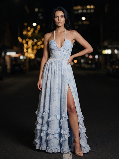 Blue Floral Halter Slit Maxi Dress - Sky Whisper, front