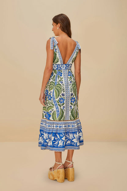 Border Print Floral Midi Dress - White