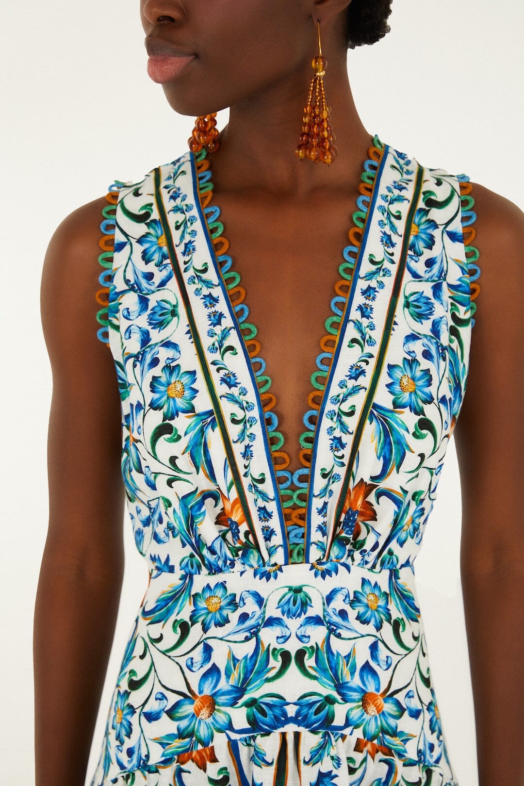 Border Print Floral Midi Dress - White
