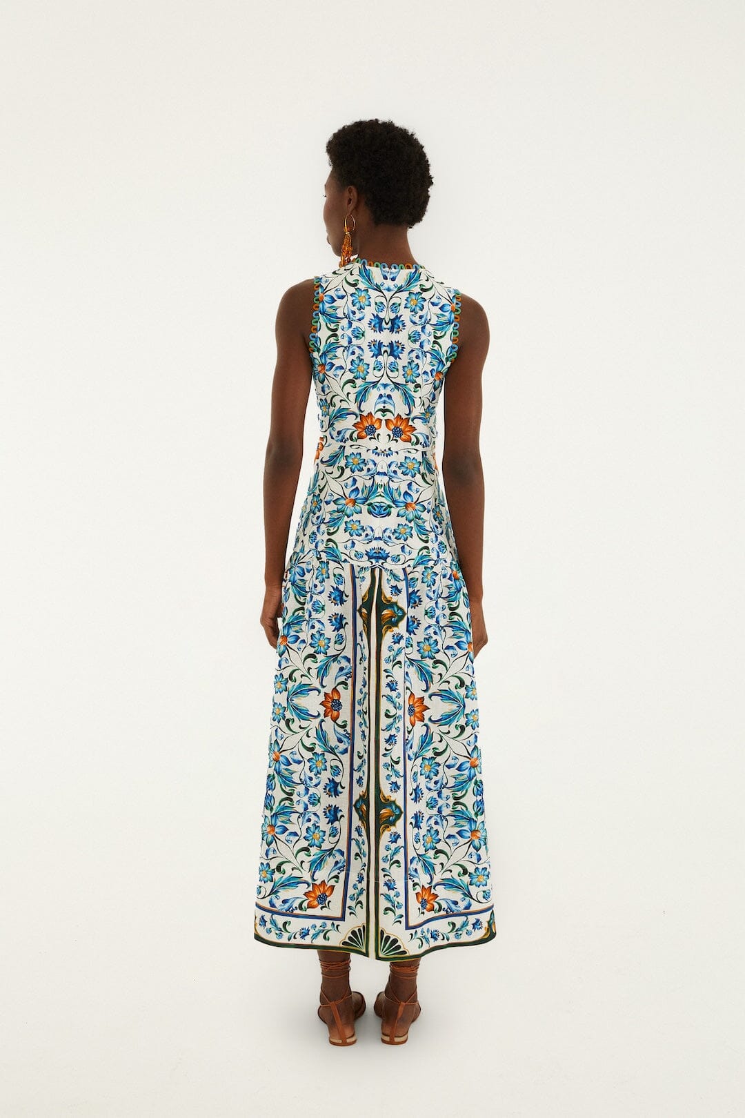 Border Print Floral Midi Dress - White