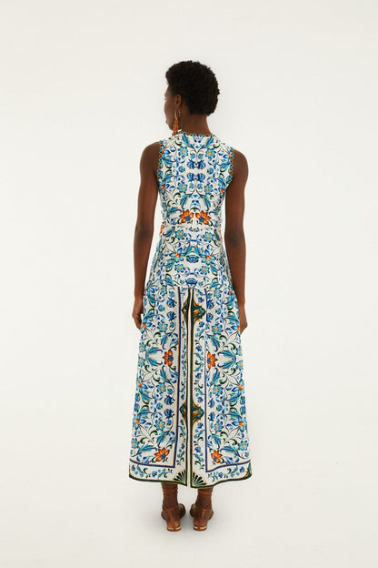 Border Print Floral Midi Dress - White