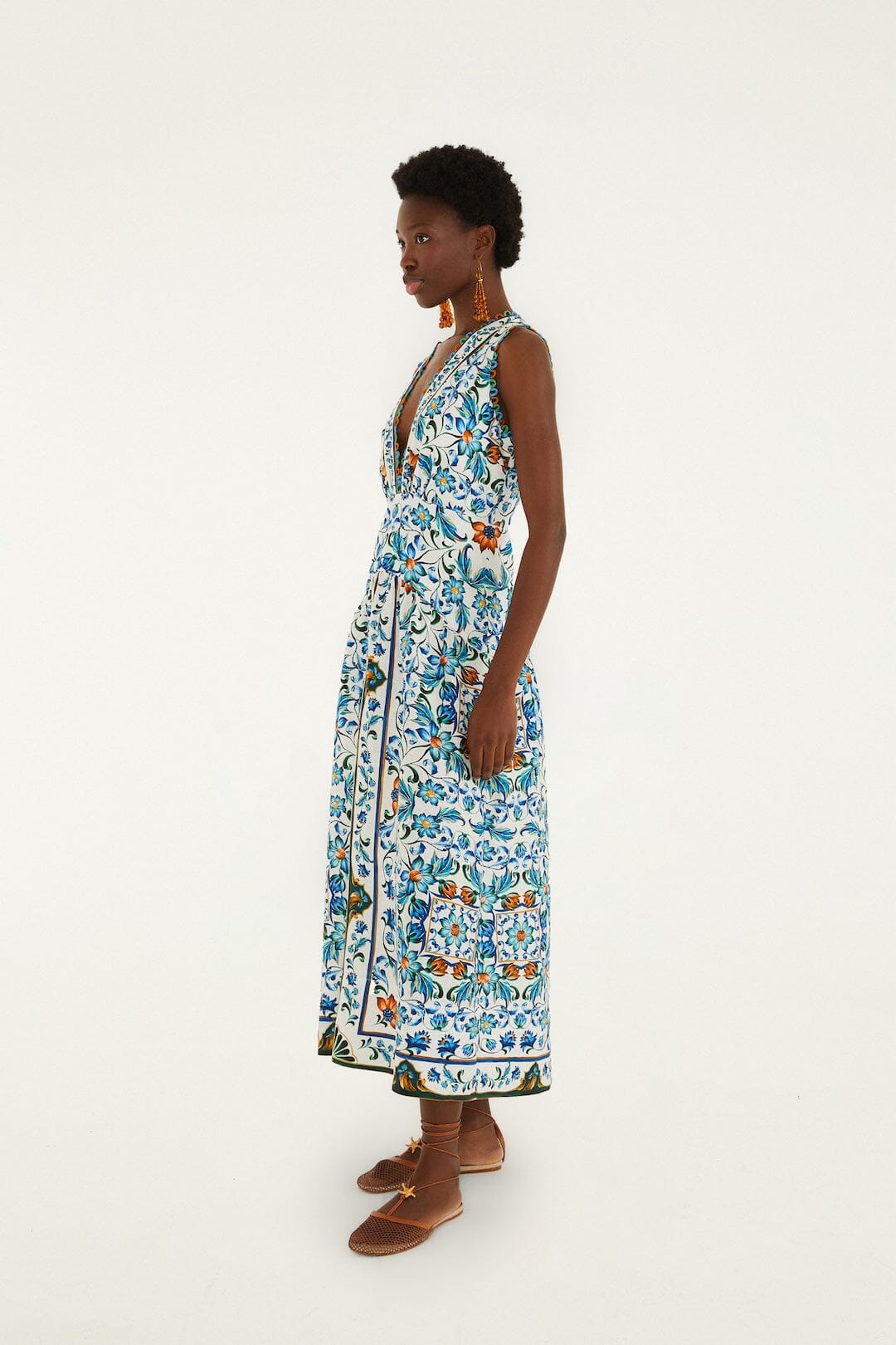 Border Print Floral Midi Dress - White