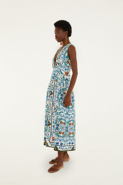 Border Print Floral Midi Dress - White