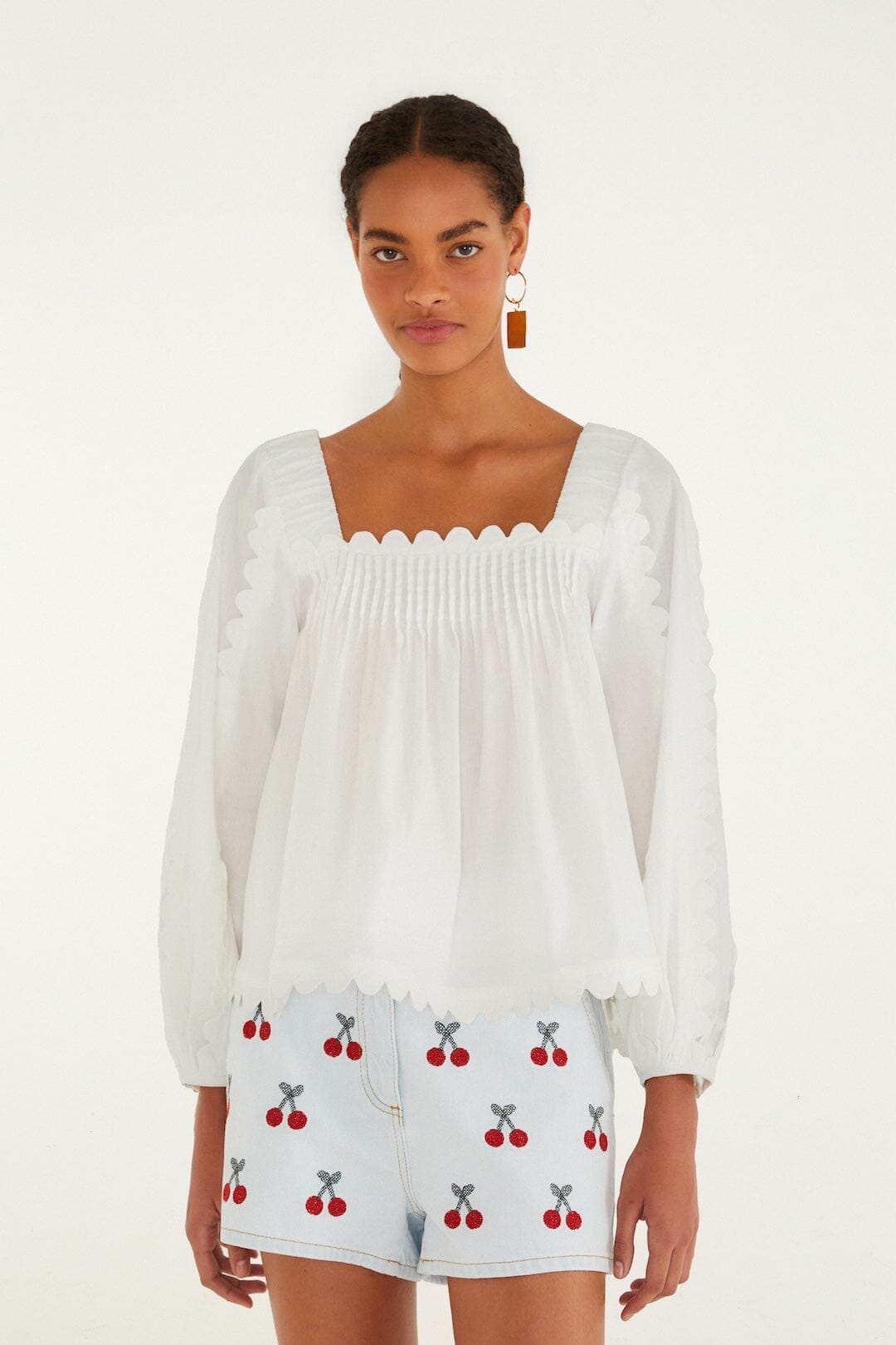 Border Print Floral Midi Dress - White Blouse