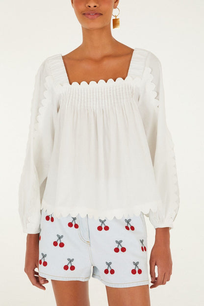 Border Print Floral Midi Dress - White