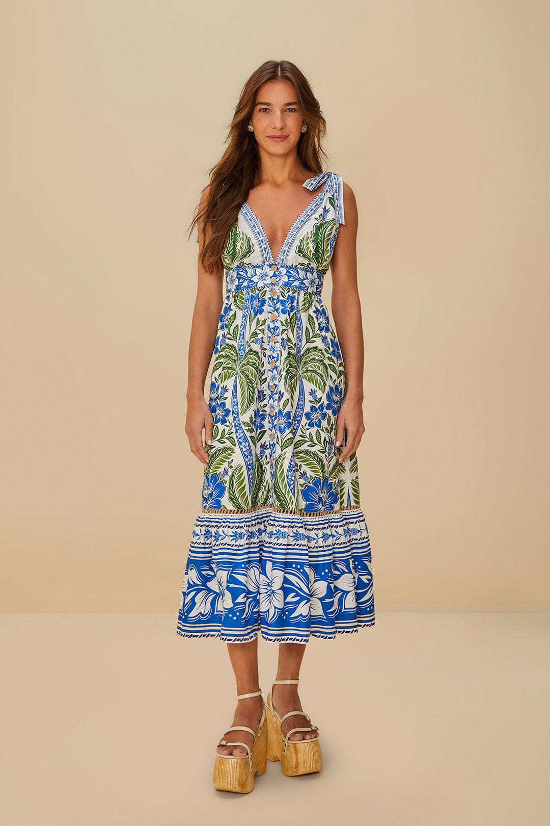 Border Print Floral Midi Dress - White Tropic