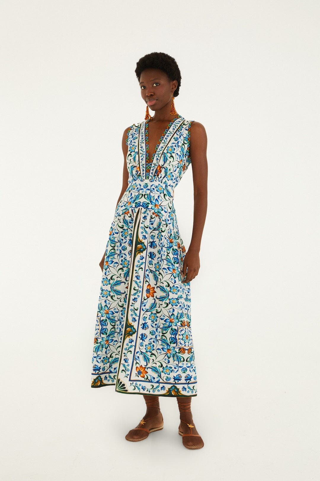 Border Print Floral Midi Dress - White Flora