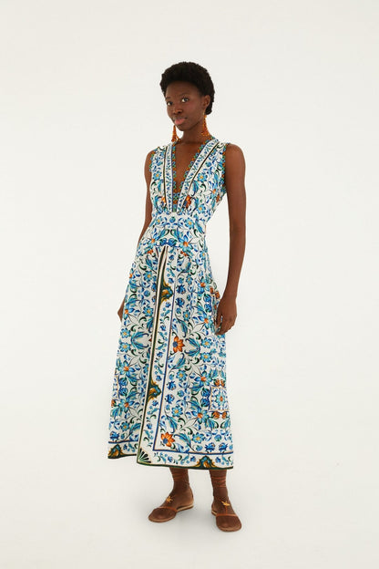 Border Print Floral Midi Dress - White Flora