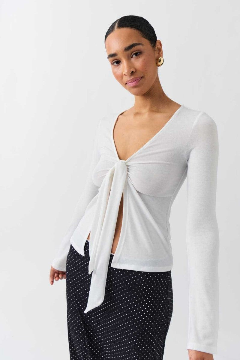 Pale Pink Tie Front Long Sleeve Top - White