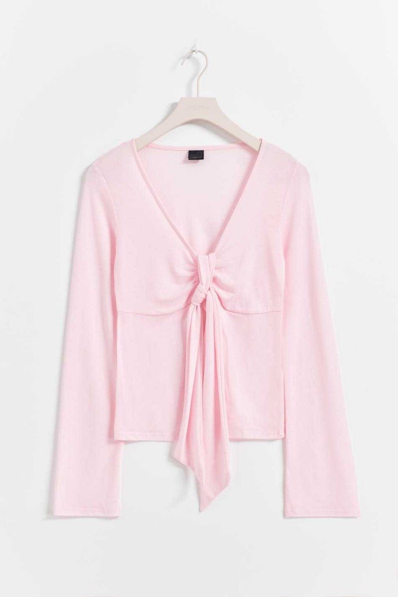 Pale Pink Tie Front Long Sleeve Top