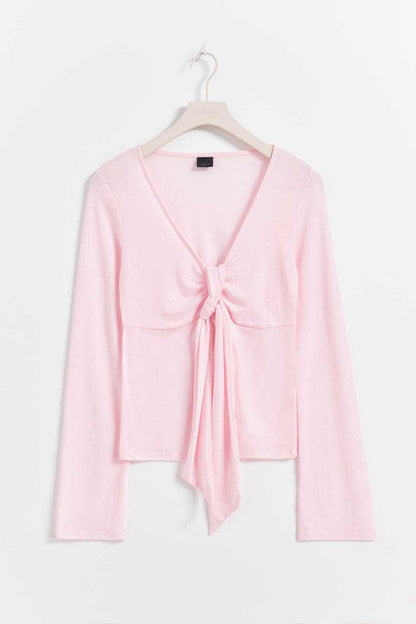 Pale Pink Tie Front Long Sleeve Top