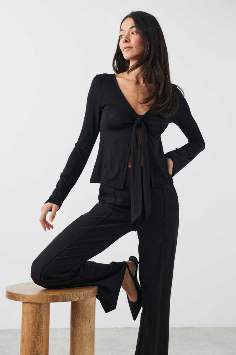 Pale Pink Tie Front Long Sleeve Top - Black