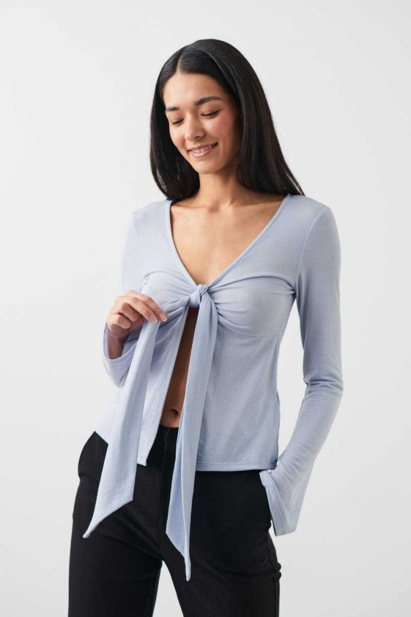 Pale Pink Tie Front Long Sleeve Top - Light Blue