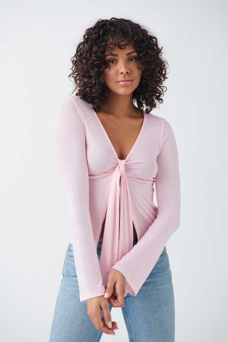 Pale Pink Tie Front Long Sleeve Top - Pink