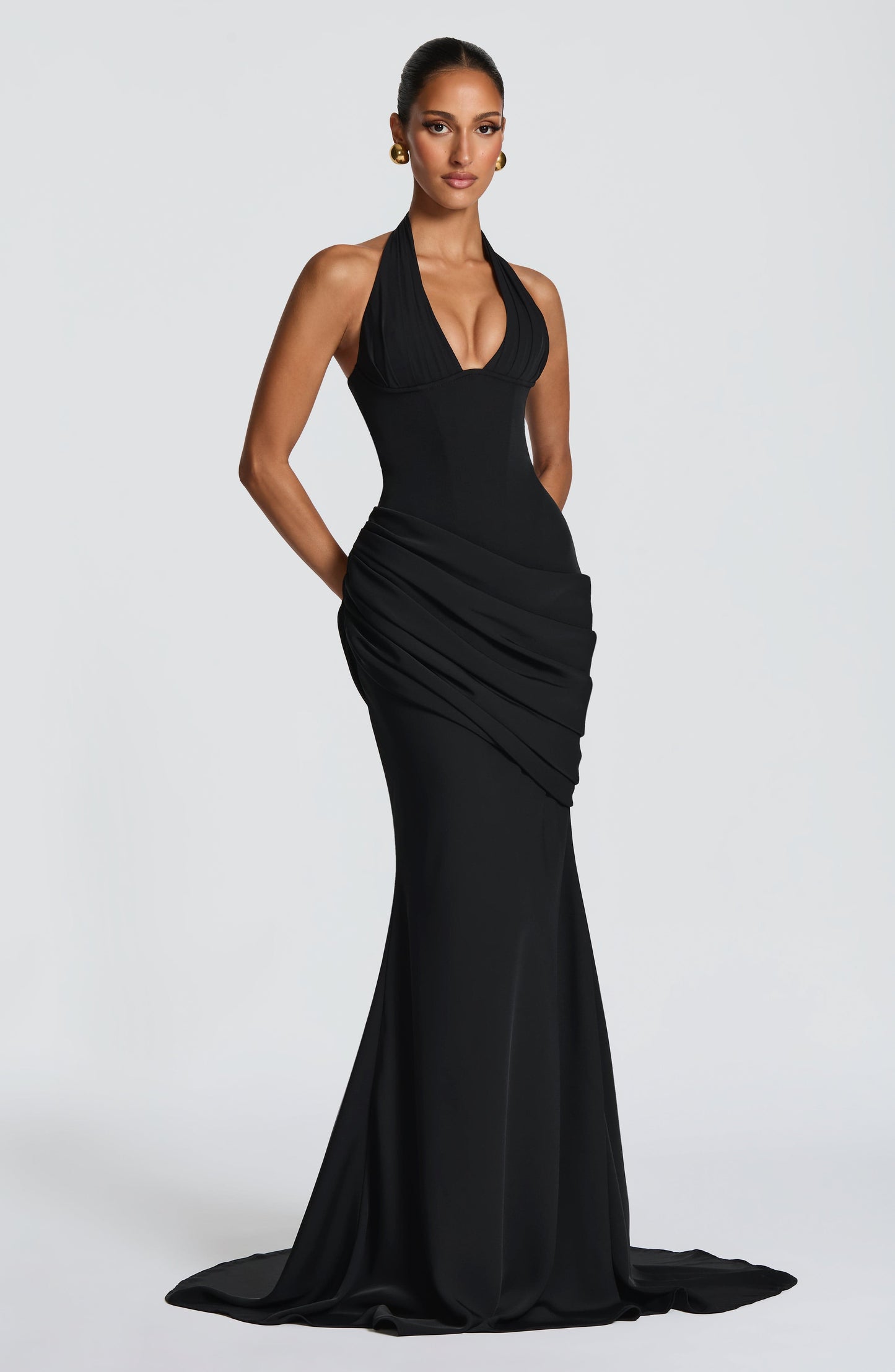 Butter Yellow Halter Mermaid Gown - Black