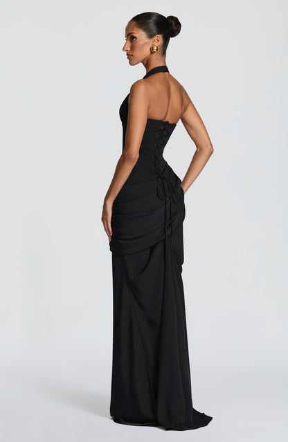 Butter Yellow Halter Mermaid Gown - Black