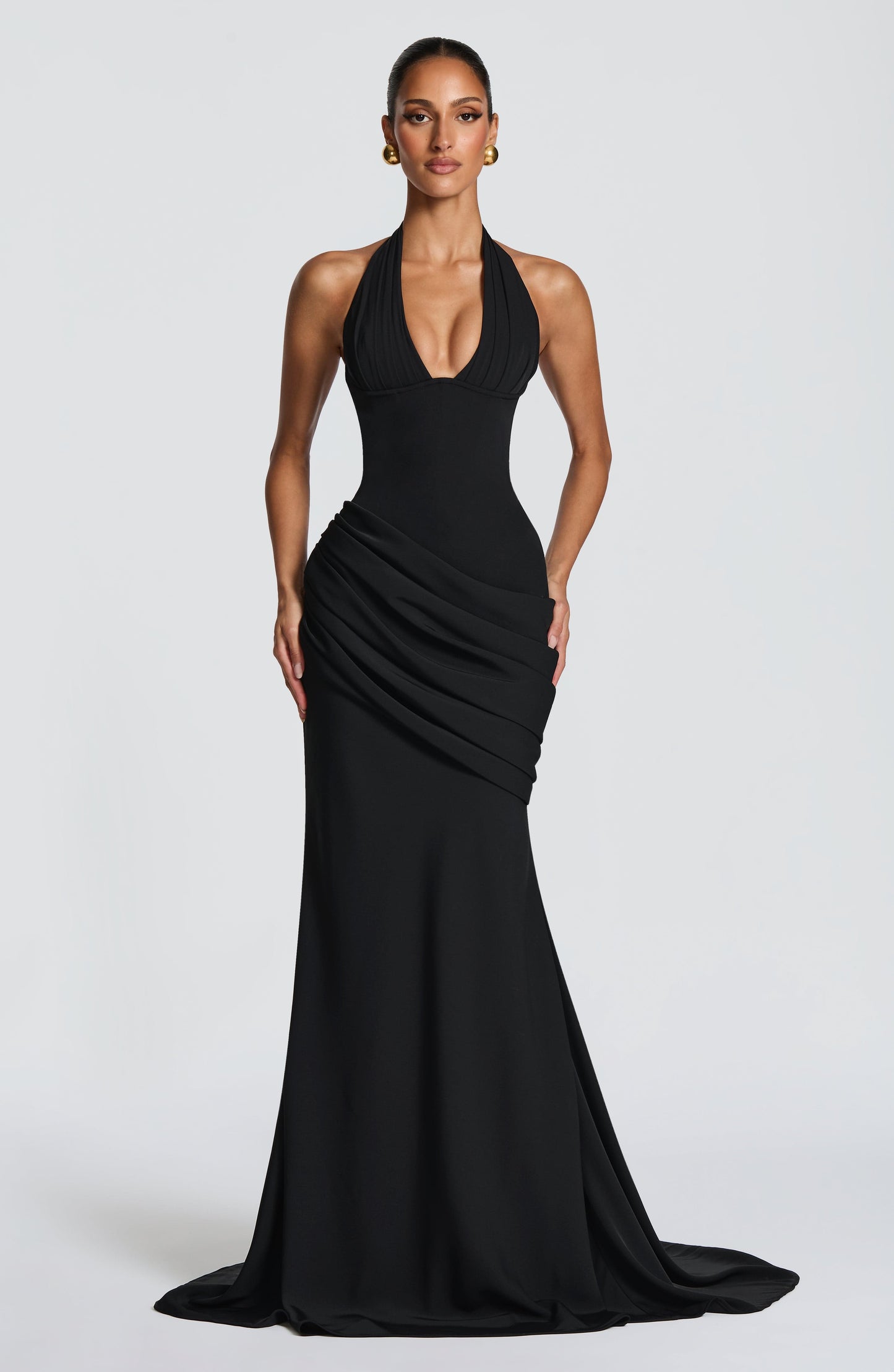 Butter Yellow Halter Mermaid Gown - Black