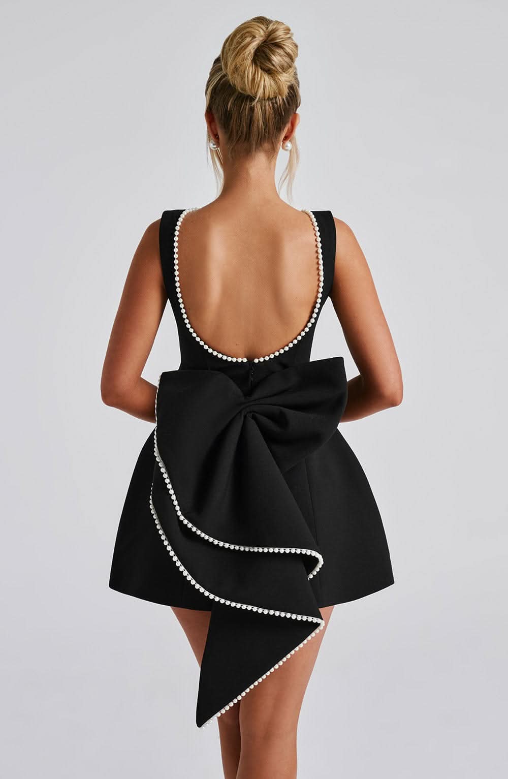 Women's Wedding Guest Pearl Trim Sleeveless Mini Dress - Black / L - Elegant Fashion