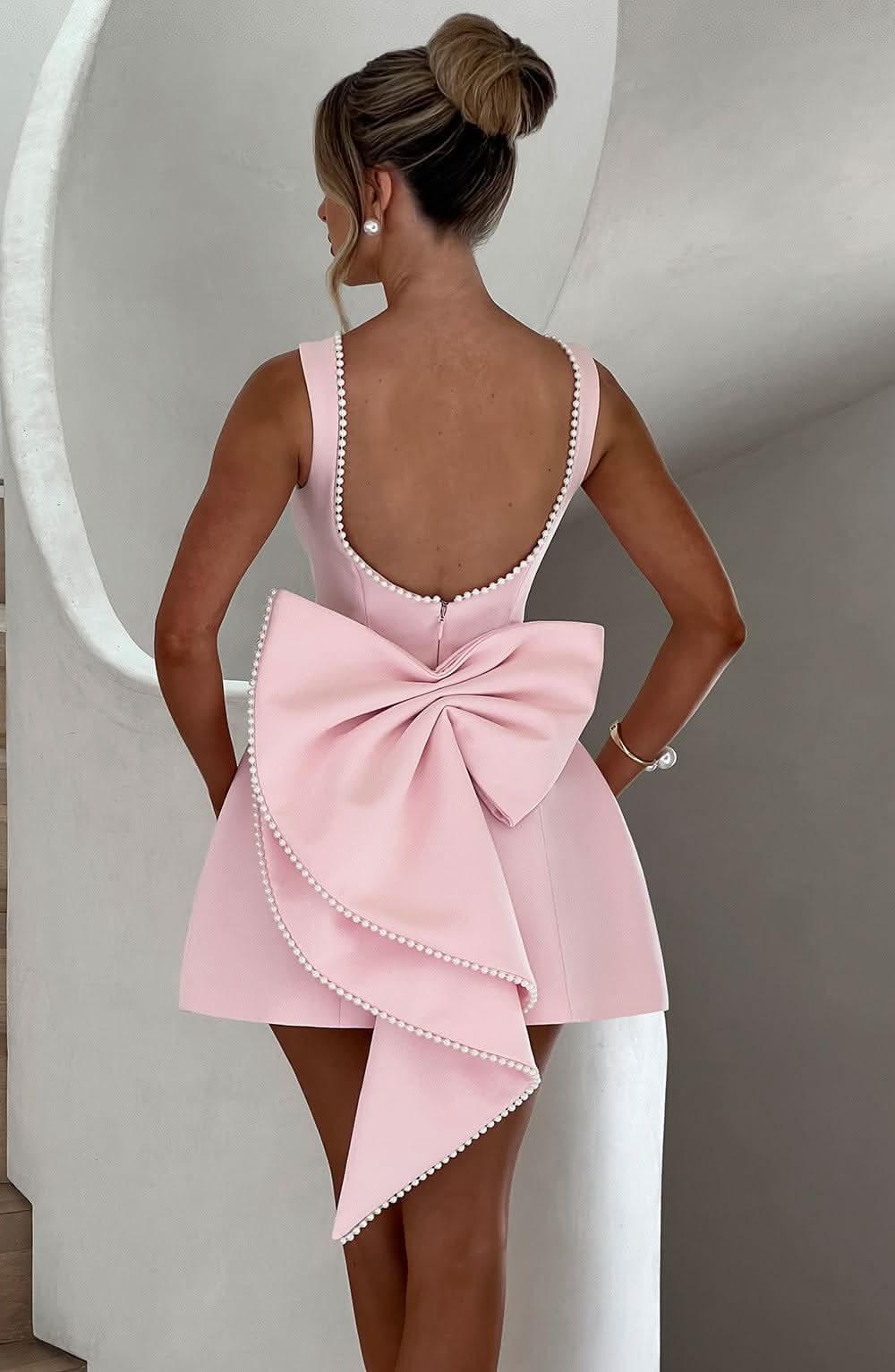 wedding guest mini dress Buy Pearl Beaded Backless Bow Flare Short Dress, Pink / L online at SR Store
