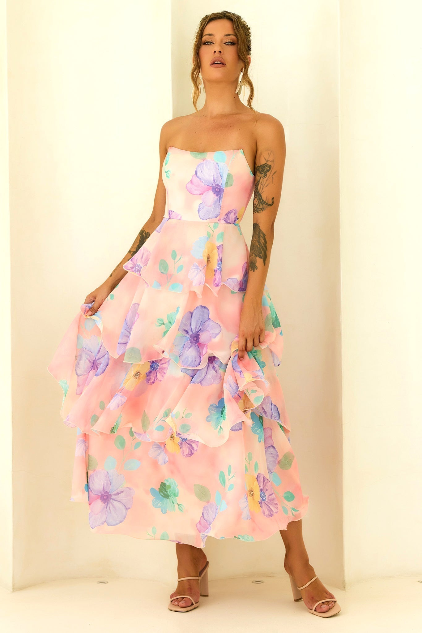 Chiffon Maxi Dress - Peach Multi