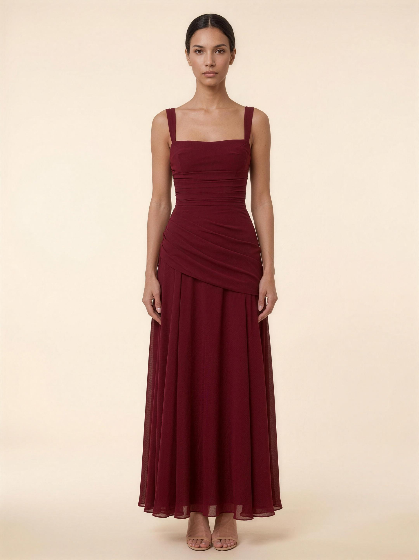 Corset Chiffon Bridesmaid Maxi Dress - Burgundy