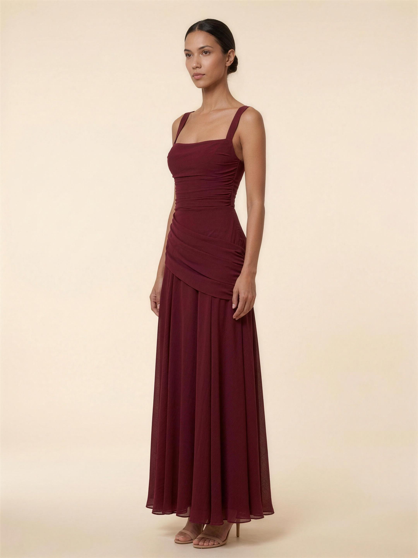 Corset Chiffon Bridesmaid Maxi Dress - Burgundy