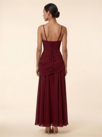 Corset Chiffon Bridesmaid Maxi Dress - Burgundy