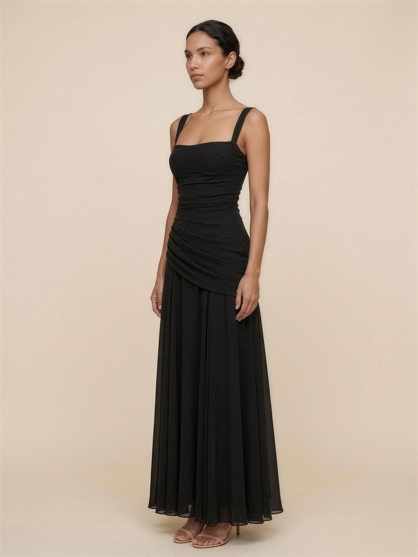 Corset Chiffon Bridesmaid Maxi Dress - Black