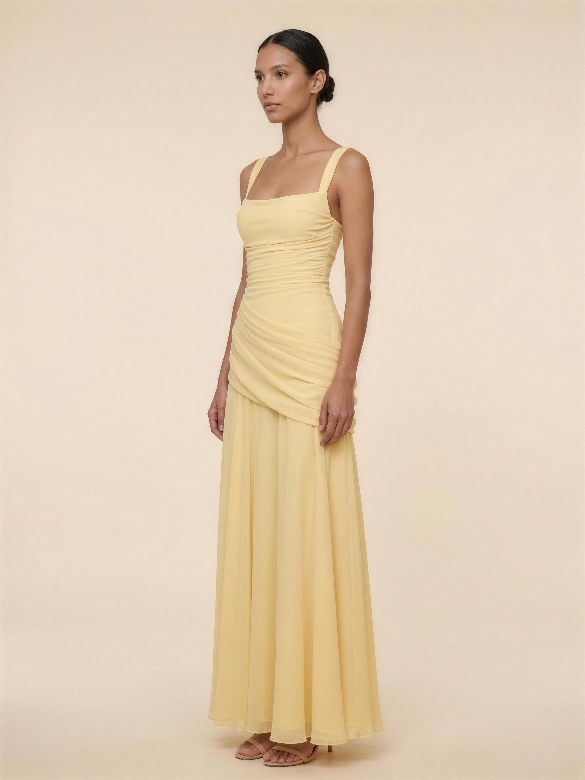 Corset Chiffon Bridesmaid Maxi Dress - Yellow