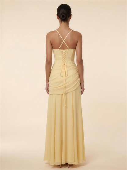 Corset Chiffon Bridesmaid Maxi Dress - Yellow