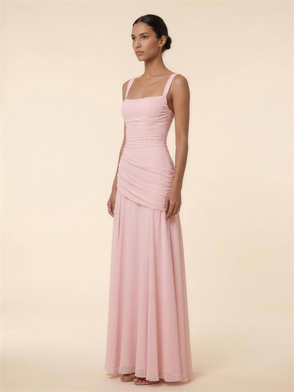 Corset Chiffon Bridesmaid Maxi Dress - Pink