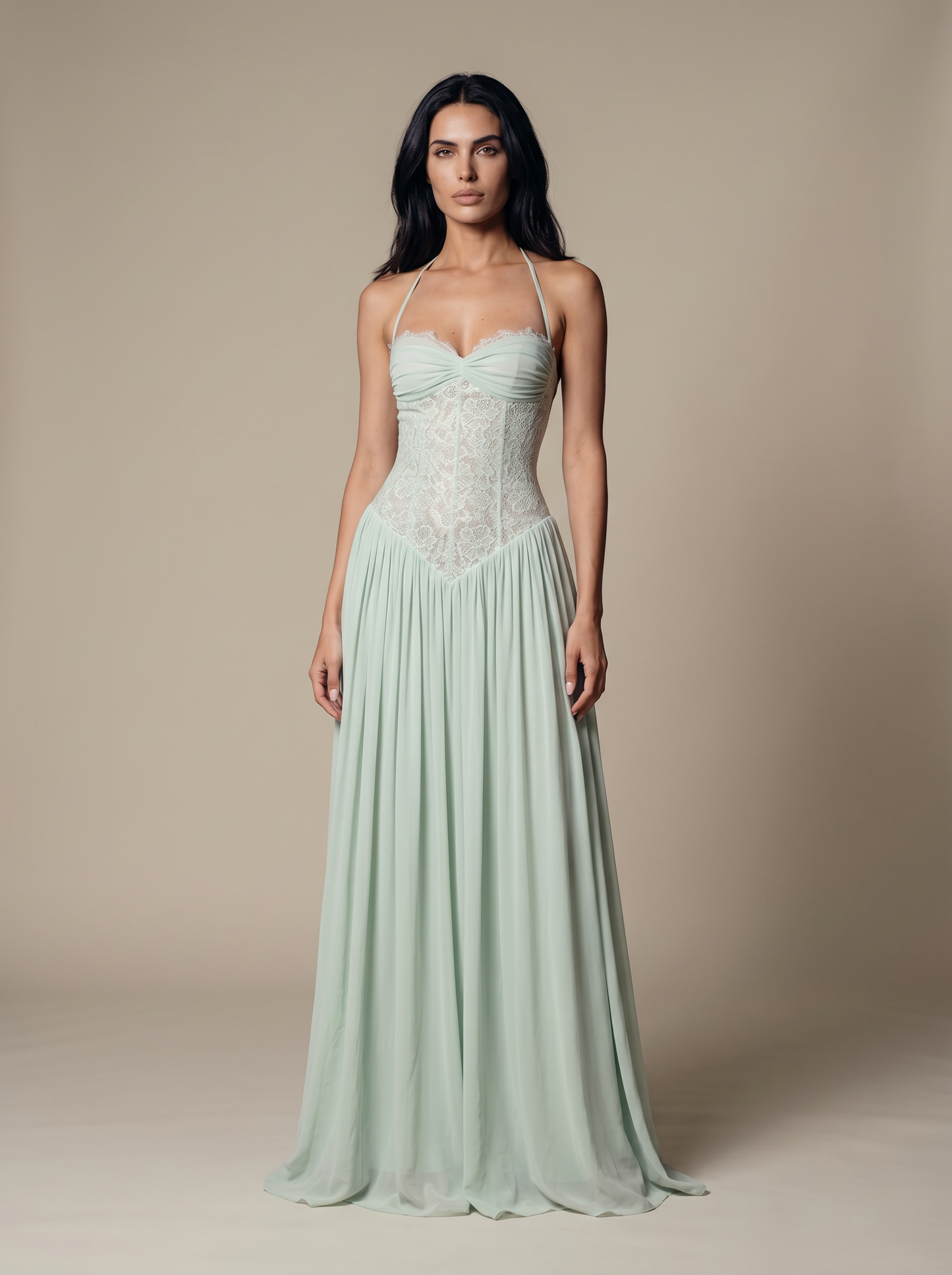 Blush Halter Lace Corset Maxi Dress - Mint, front