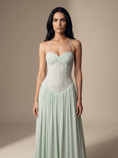Blush Halter Lace Corset Maxi Dress - Mint, close up