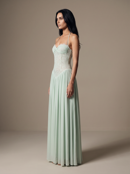 Blush Halter Lace Corset Maxi Dress - Mint, side