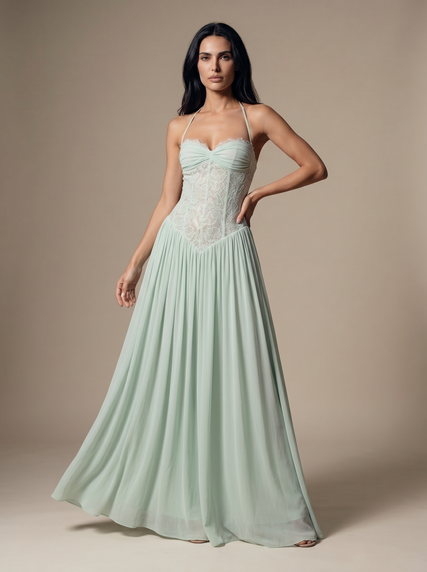 Blush Halter Lace Corset Maxi Dress