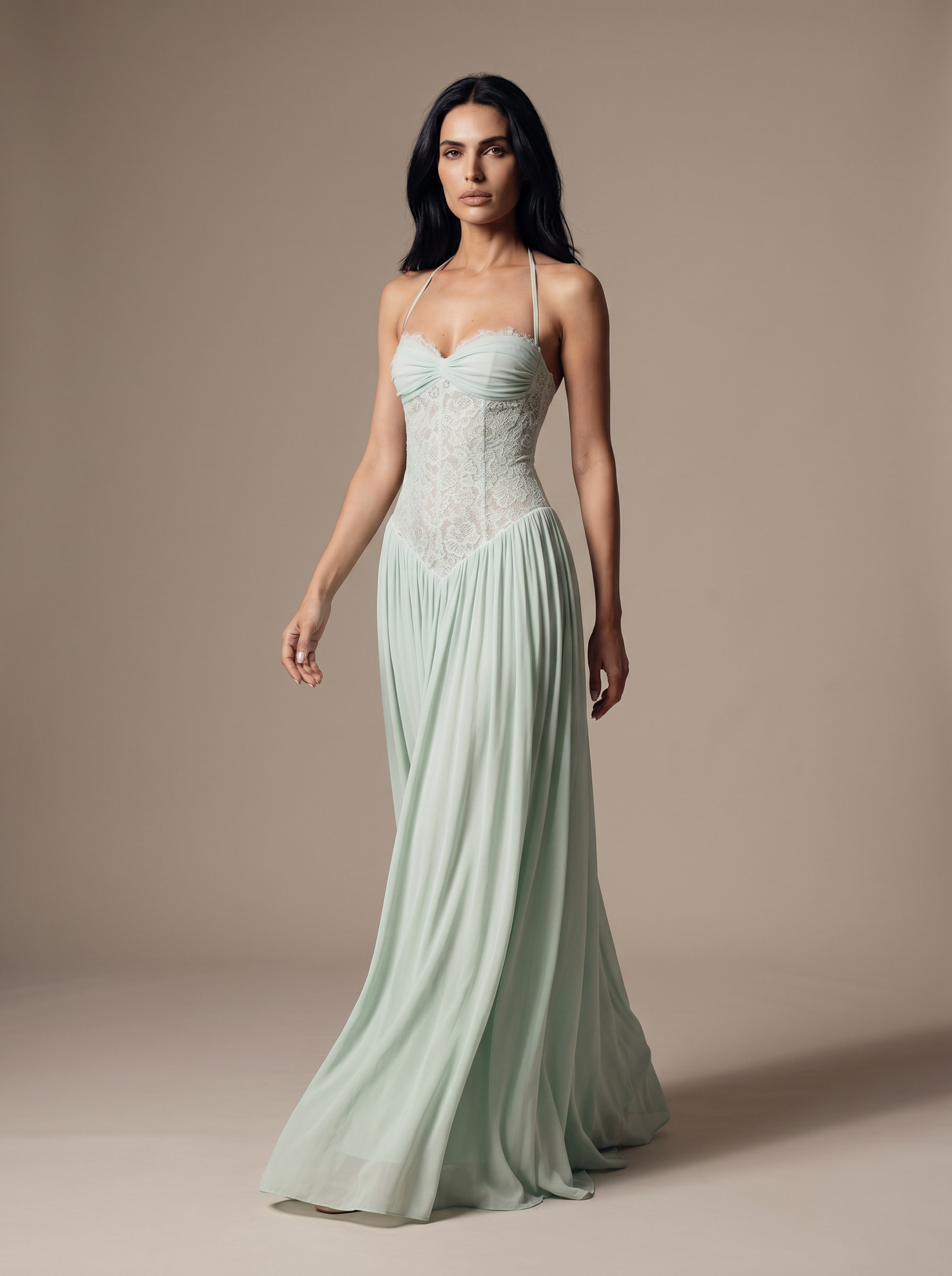 Blush Halter Lace Corset Maxi Dress