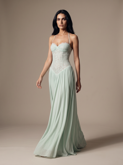 Blush Halter Lace Corset Maxi Dress