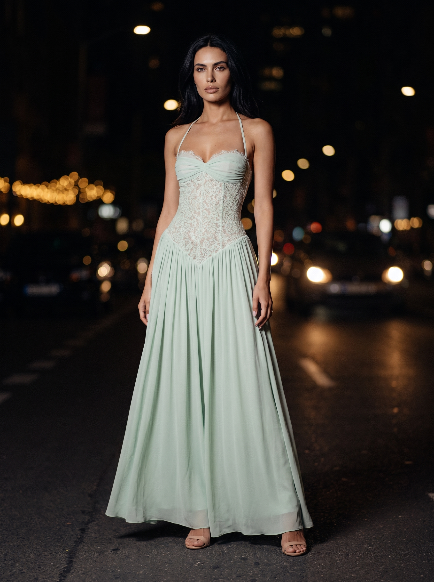 Blush Halter Lace Corset Maxi Dress