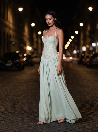 Blush Halter Lace Corset Maxi Dress