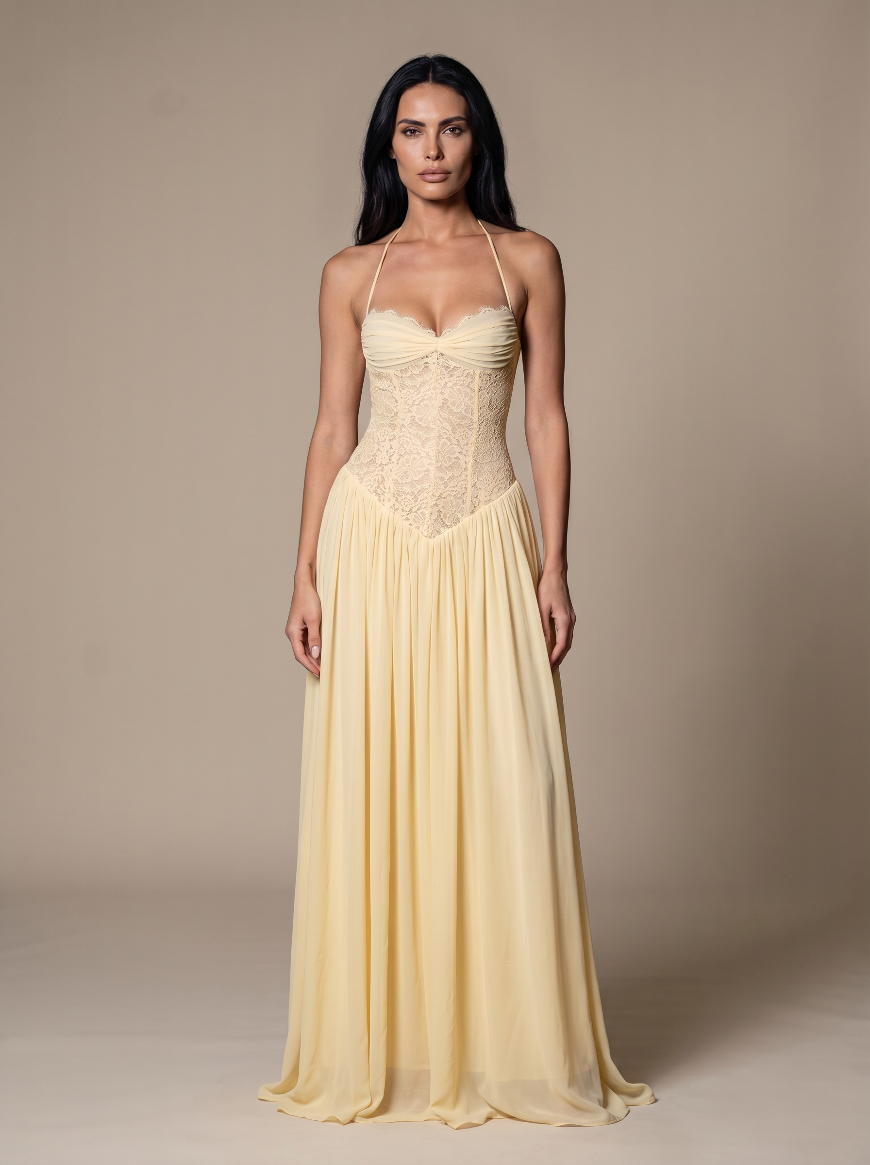 Blush Halter Lace Corset Maxi Dress - Butter