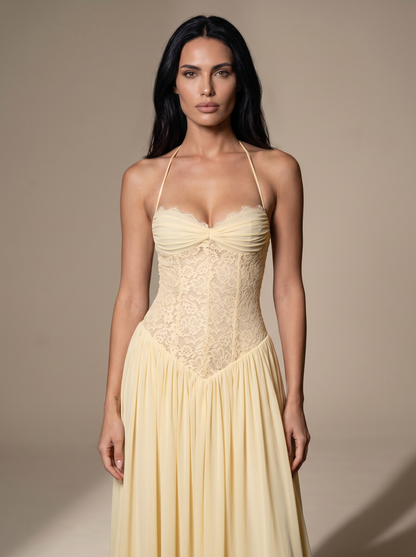 Blush Halter Lace Corset Maxi Dress