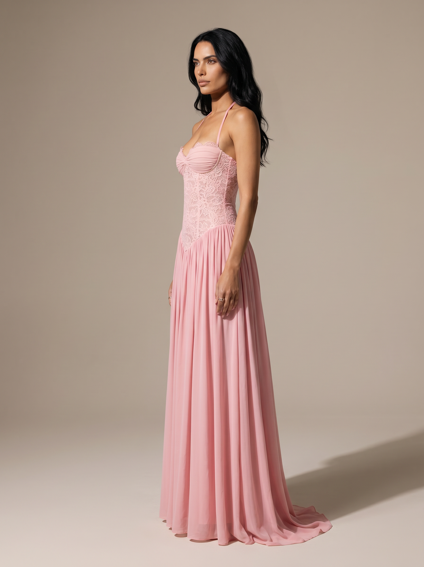 Blush Halter Lace Corset Maxi Dress - Pink, side