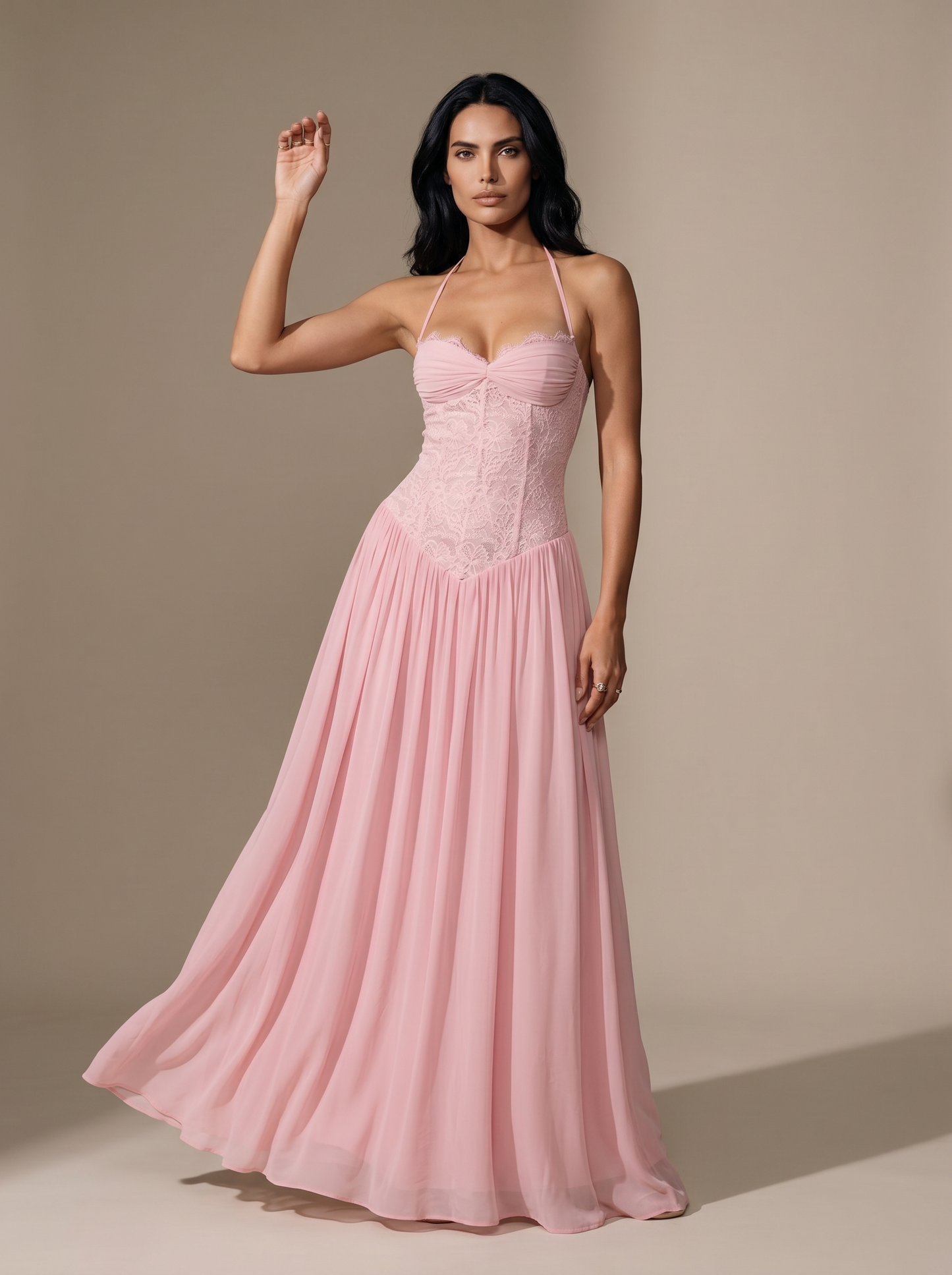 Blush Halter Lace Corset Maxi Dress - Pink