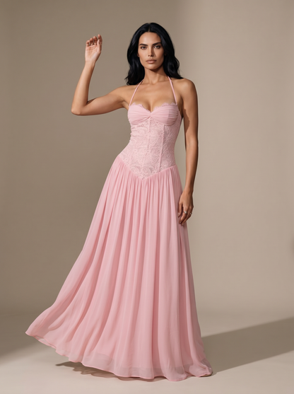 Blush Halter Lace Corset Maxi Dress - Pink