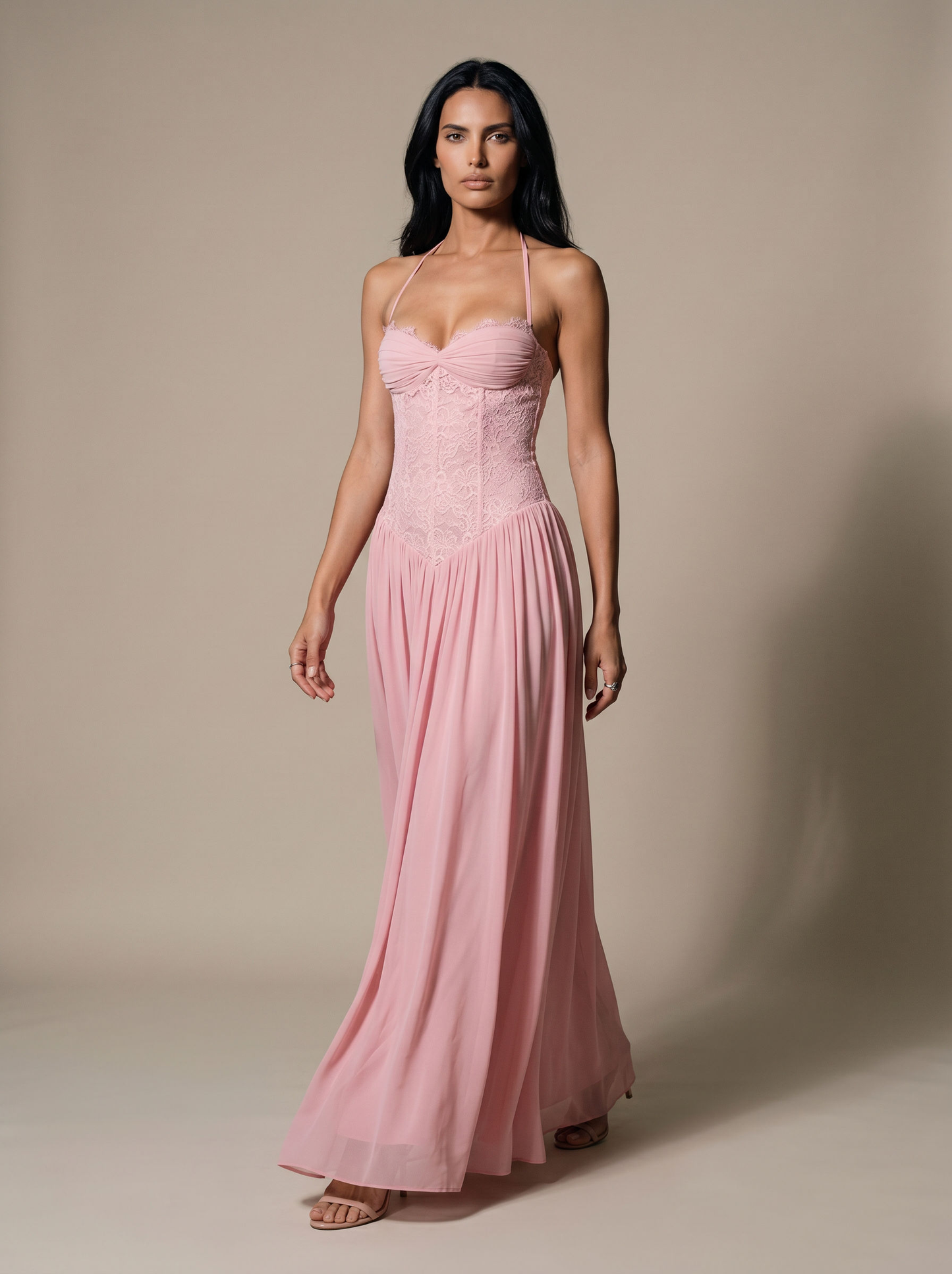 Blush Halter Lace Corset Maxi Dress - Pink