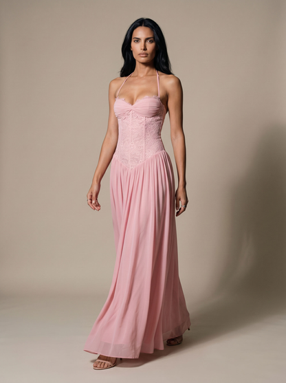 Blush Halter Lace Corset Maxi Dress - Pink