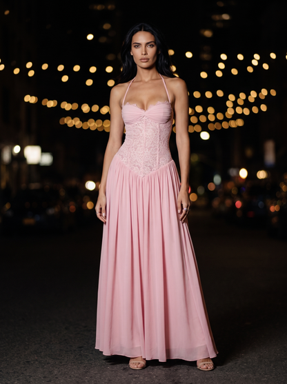 Blush Halter Lace Corset Maxi Dress - Pink, front